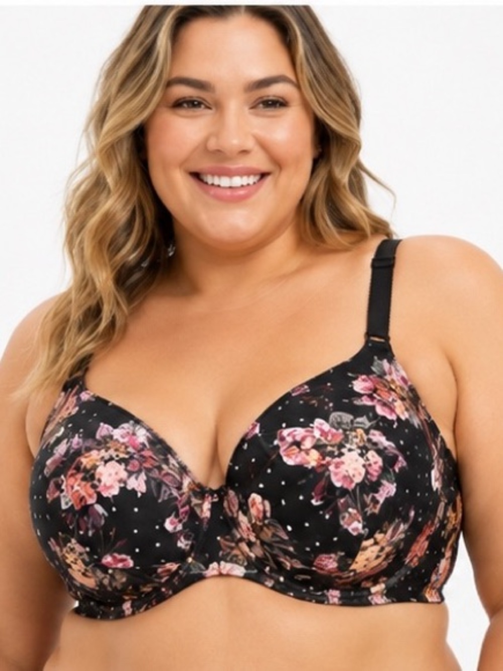 Torrid Curve 40C Black Floral Polka Dot Underwire Bra Pink Roses